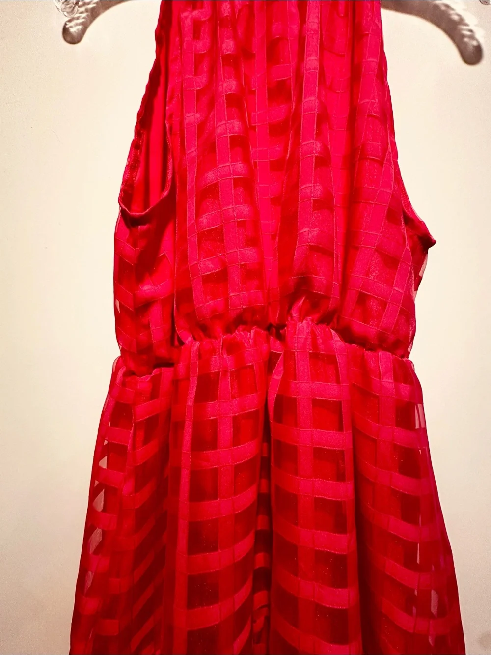 Windowpane Chiffon Halter Maxi Dress in Fuchsia Pink - Women’s L - Picture 4 of 16